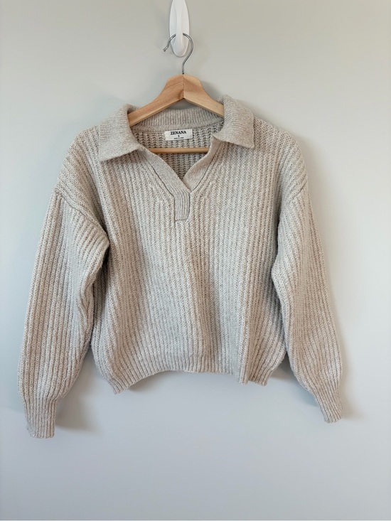 Zenana Outfitters Sweaters - Zenana Oatmeal Ribbed Knit Collared Sweater